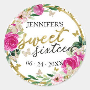 Sweet 16 エメラルド ホットピンク ゴールド フラワー 蝶 ラウンドシール
