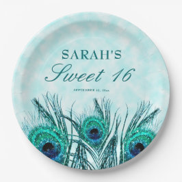 Sweet 16 クジャクの羽 ブルー ティール グリッター ペーパープレート