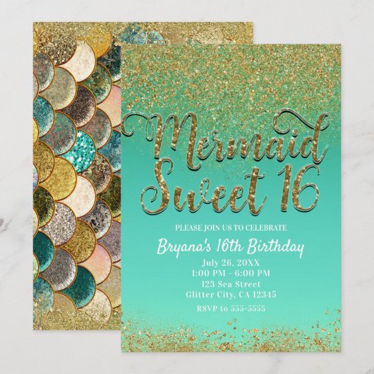 Sweet 16 ゴールドラメ ティールメイド 誕生日パーティー 招待状 (正面/裏面)