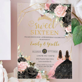Sweet 16 シックスティーン ブラックドレス ピンクフラワー ゴールドツイン アクリル招待状