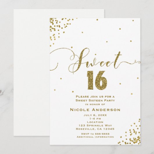 SWEET 16 シックスティーン 白と金のかわいい コーナー コンフェティ 招待状 (正面/裏面)