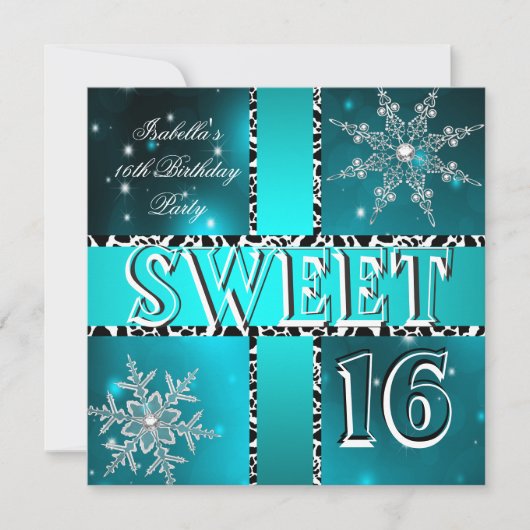 Sweet 16 ティーンの誕生日 ティール色のウィンターワンダーランド 招待状 (正面)