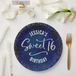 Sweet 16 ネイビーブルー 水彩 シルバー おしゃれ 誕生日 ペーパープレート