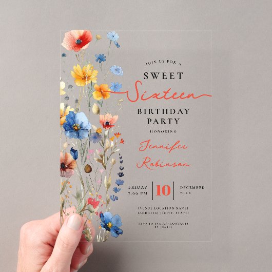 Sweet 16 バースデーパーティー ワイルドフラワーの草原 アクリル招待状 (インサイチュ (ポータブル))