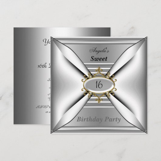 Sweet 16 バースデー招待状 Chrome ホワイト 招待状 (正面/裏面)