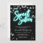 Sweet 16 バースデー ティール ネオン グロー ダークパーティー 招待状 (正面)