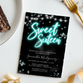 Sweet 16 バースデー ティール ネオン グロー ダークパーティー 招待状