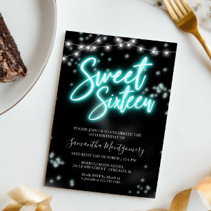 Sweet 16 バースデー ティール ネオン グロー ダークパーティー 招待状