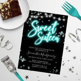 Sweet 16 バースデー ティール ネオン グロー ダークパーティー 招待状