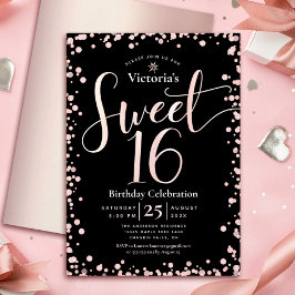 Sweet 16 バースデー ブラック ローズゴールド スクリプト ドット ギャル 招待状