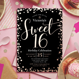 Sweet 16 バースデー モダン グラム ブラック ローズゴールド 箔招待状