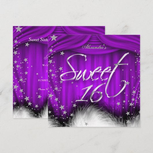 Sweet 16 パーティー 紫色の羽 16歳の誕生日 招待状 (正面/裏面)