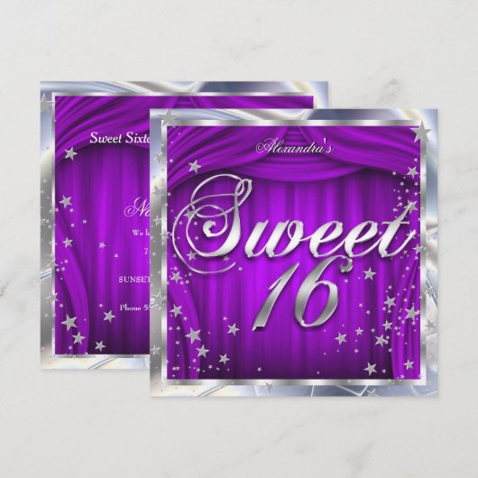 Sweet 16 パープルシルバー 16歳の誕生日パーティー 招待状 (正面/裏面)