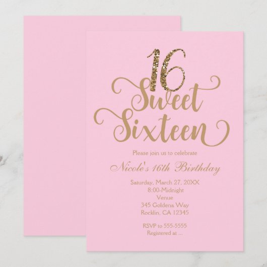 Sweet 16 ピンクとゴールドの誕生日パーティー招待状 招待状 (正面/裏面)