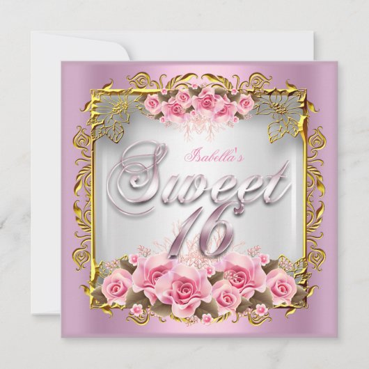 Sweet 16 ピンクのバラ 白ゴールド 誕生日パーティー 招待状 (正面)