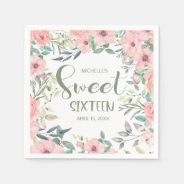 Sweet 16 ピンクの花とサージグリーンの葉 スタンダードカクテルナプキン
