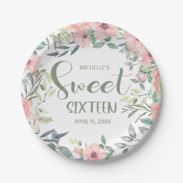 Sweet 16 ピンクの花とサージグリーンの葉 ペーパープレート