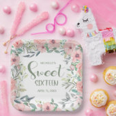 Sweet 16 ピンクの花 葉 名前 日付 ペーパープレート (パーティー)