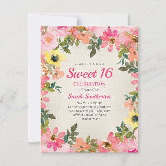 Sweet 16 ピンク イエロー 水彩 花 招待状 (正面)
