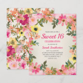 Sweet 16 ピンク イエロー 水彩 花 招待状 (正面/裏面)