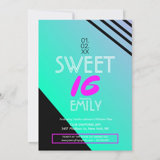 Sweet 16 フライヤークラブテーマ幾何学模様ネオンストライプ 招待状 (正面)