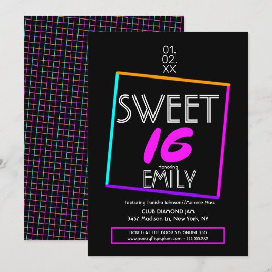 Sweet 16 フライヤー クラブテーマ 幾何学ネオン 招待状 (正面/裏面)