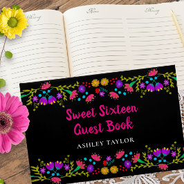 Sweet 16 フラワーピンクと黒のメキシコの花 ゲストブック