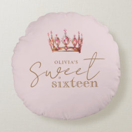 Sweet 16 ブルッシュピンクとゴールドの誕生日 ラウンドクッション