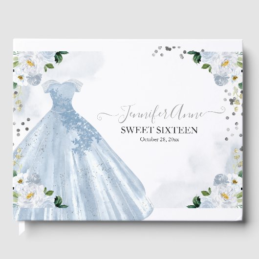 Sweet 16 ブルーウォーターカラーの花 ドレス ゲストブック (正面)