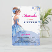 Sweet 16 ブルー ドレス フラワー ガールズ バースデー 招待状 (スタンド正面)