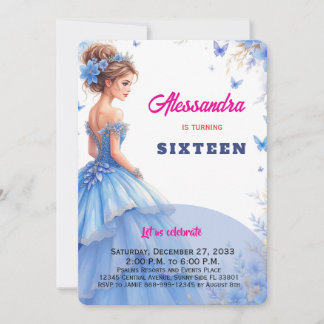 Sweet 16 ブルー ドレス フラワー ガールズ バースデー 招待状