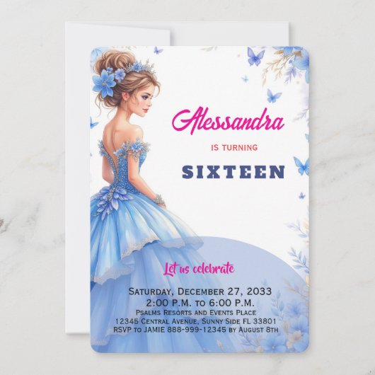 Sweet 16 ブルー ドレス フラワー ガールズ バースデー 招待状 (正面)