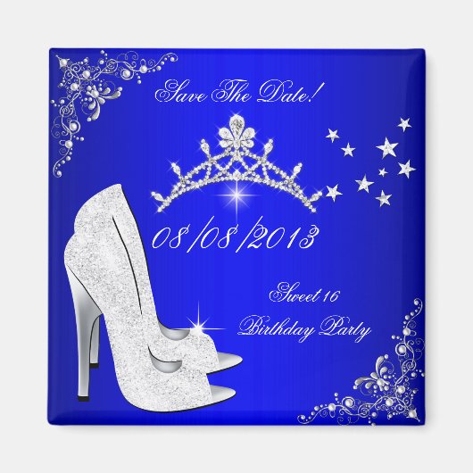 Sweet 16 ブルー ハイヒール ティアラ Save The Date マグネット (正面)