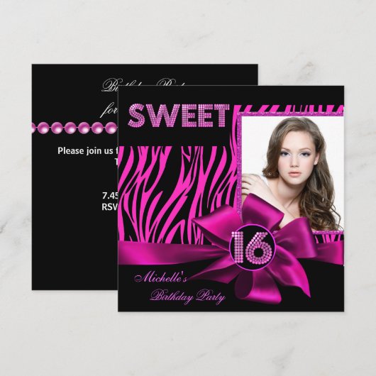 Sweet 16 ホットピンクゼブラフォト 招待状 (正面/裏面)