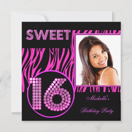 Sweet 16 ホットピンクゼブラフォト 招待状 (正面)