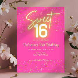 Sweet 16 ホットピンク ネオン グロウ ゴールド ラメ バースデー 招待状