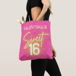 Sweet 16 ホットピンク ネオン グロウ ゴールド ラメ 誕生日 トートバッグ