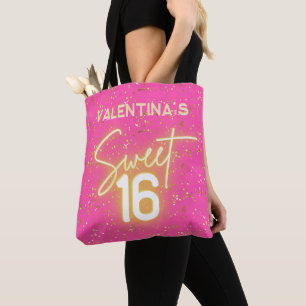 Sweet 16 ホットピンク ネオン グロウ ゴールド ラメ 誕生日 トートバッグ