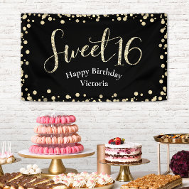 Sweet 16 モダン ブラック ゴールド グリッター ガーリー 誕生日 横断幕