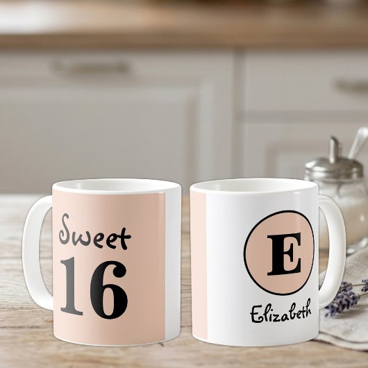 Sweet 16 モノグラム 名前 ピーチ コーヒーマグカップ