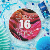 Sweet 16 レッド&オレンジ大理石模様 名入れ ペーパープレート (パーティー)