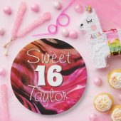 Sweet 16 レッド&オレンジ大理石模様 名入れ ペーパープレート (パーティー)