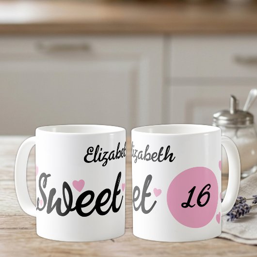 Sweet 16 名前入り 16歳の誕生日 ピンク コーヒーマグカップ