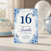 Sweet 16 招待状 青い蝶の花柄 誕生日