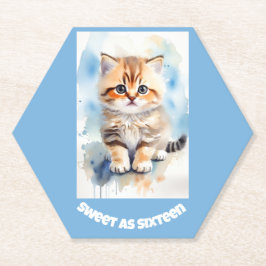 Sweet 16 猫 画像 テキスト ブルー ペーパーコースター