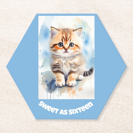 Sweet 16 猫 画像 テキスト ブルー ペーパーコースター (正面)