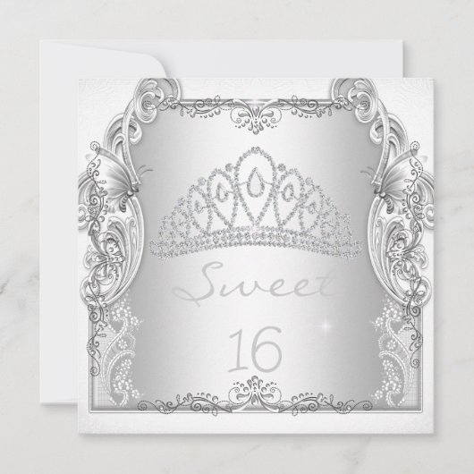 Sweet 16 白色ティアラ 誕生日 招待状 (正面)