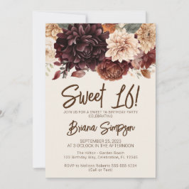 Sweet 16 誕生日パーティー ブラウン ベージュ アイボリー フラワー 招待状