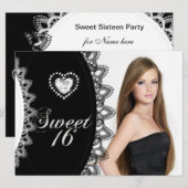 Sweet 16 誕生日パーティー ブラック&ホワイト レース 招待状 (正面/裏面)