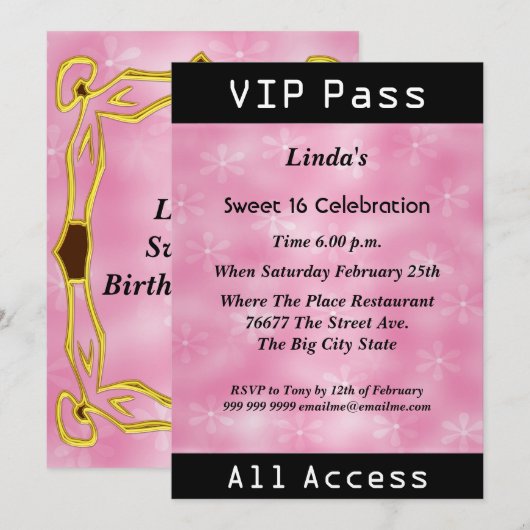 Sweet 16 誕生日パーティー VIP パス ピンク 招待状 (正面/裏面)